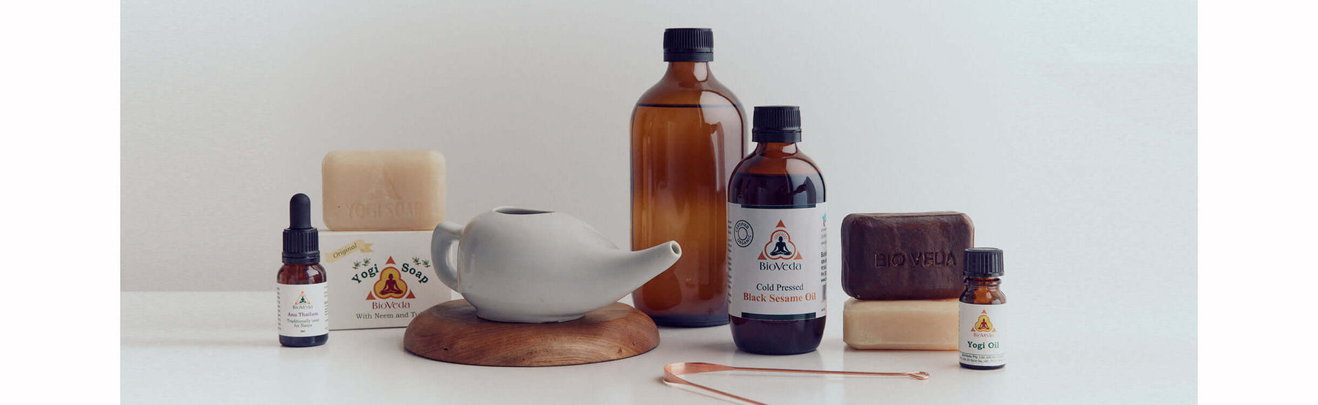 Natural Ayurvedic products; Black Sesame Oil, Neti pot, tongue scraper, Nasya oil.